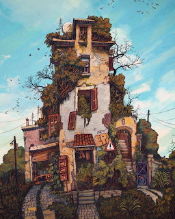 Tall fantasy tower house covered in vines and plants against blue sky