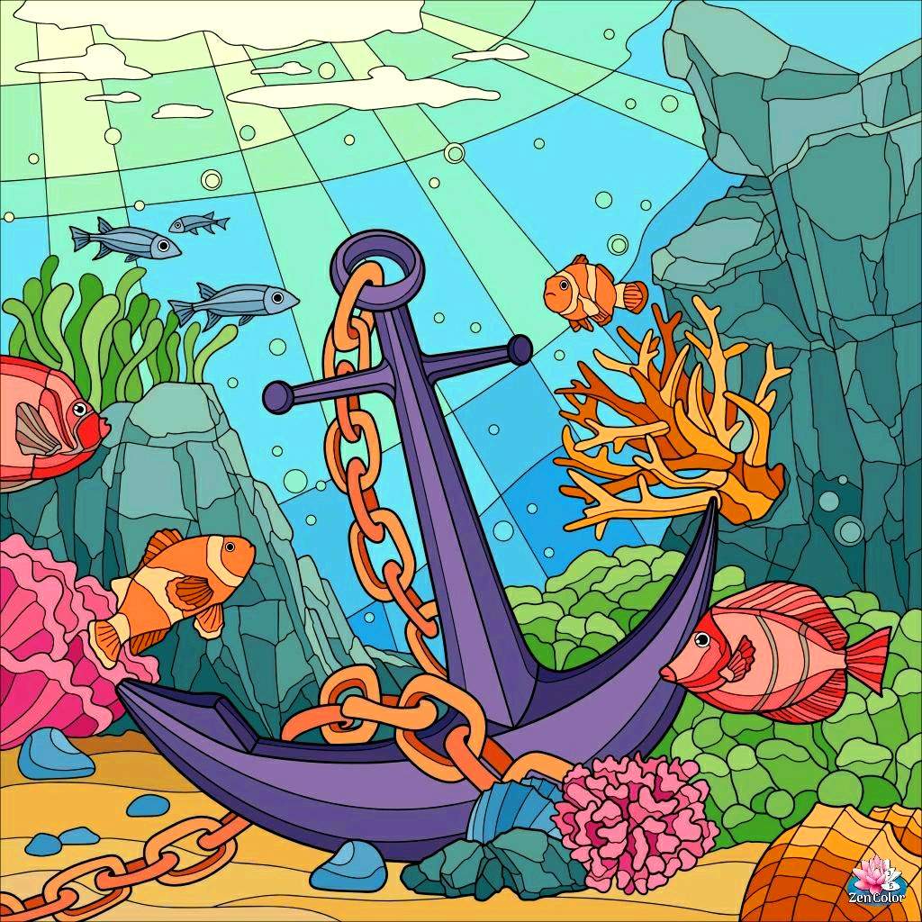 Colorful underwater scene with purple anchor, tropical fish, coral, and sea plants on ocean floor