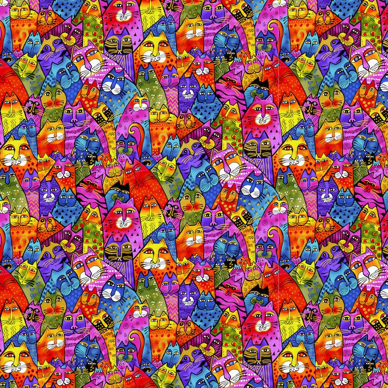 Colorful patterned illustration of many stylized cats packed closely together