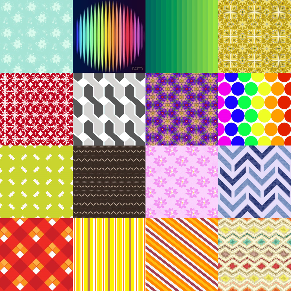 Grid of sixteen colorful geometric pattern squares with diverse designs including chevrons, dots, and gradients