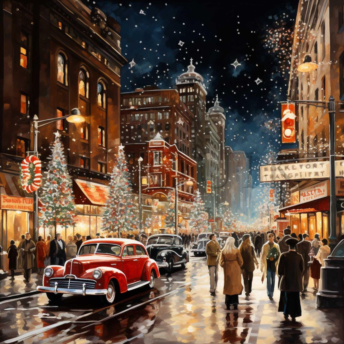 Snowy city street at Christmas with vintage car, decorated trees, crowds, and glowing storefronts under starry night sky
