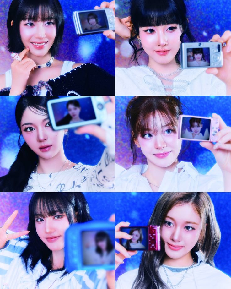 Six K-pop girl group members each posing with a camera or selfie photo against a blue glittery background