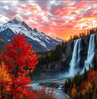 Waterfall flowing from mountains at sunset with red autumn tree in foreground and dramatic orange sky