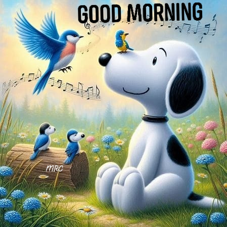 Snoopy sitting in garden with blue birds flying around, flowers and morning greeting text