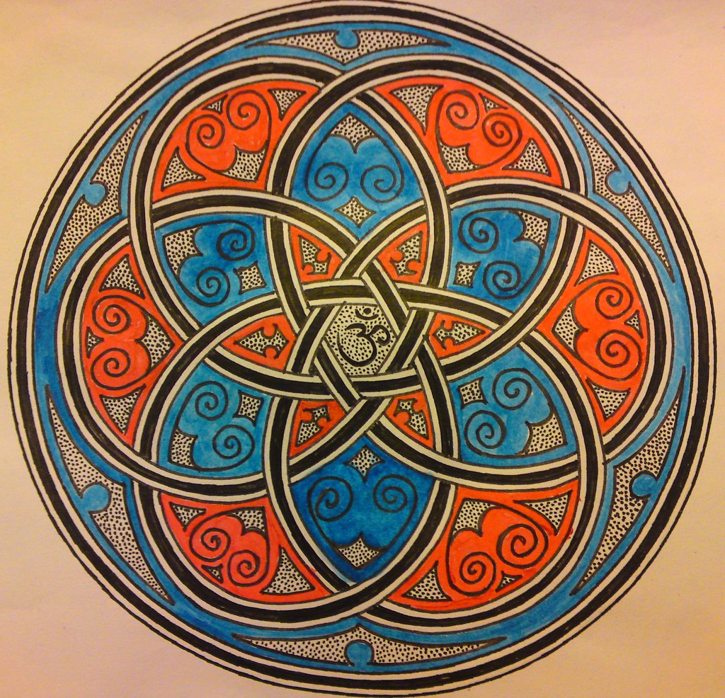 Circular mandala with Celtic knot pattern in orange, blue, and gold with intricate swirls and symmetrical design