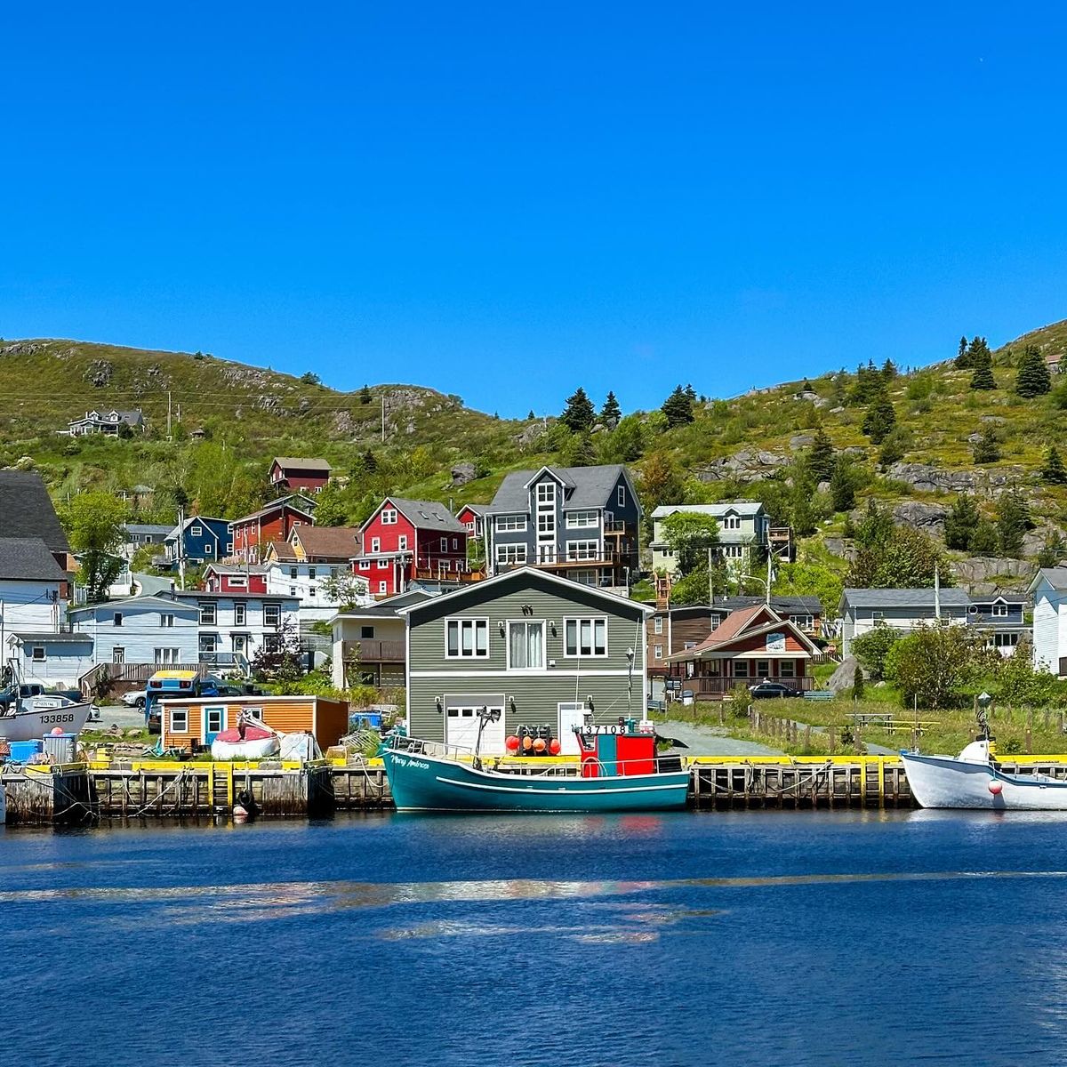 Colorful houses along hillside harbor with fishing boats docked at wooden pier