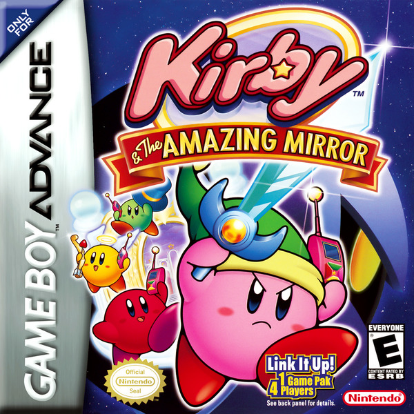 Cover art of Kirby & The Amazing Mirror with Kirby, Meta Knight, and other characters on a Game Boy Advance box
