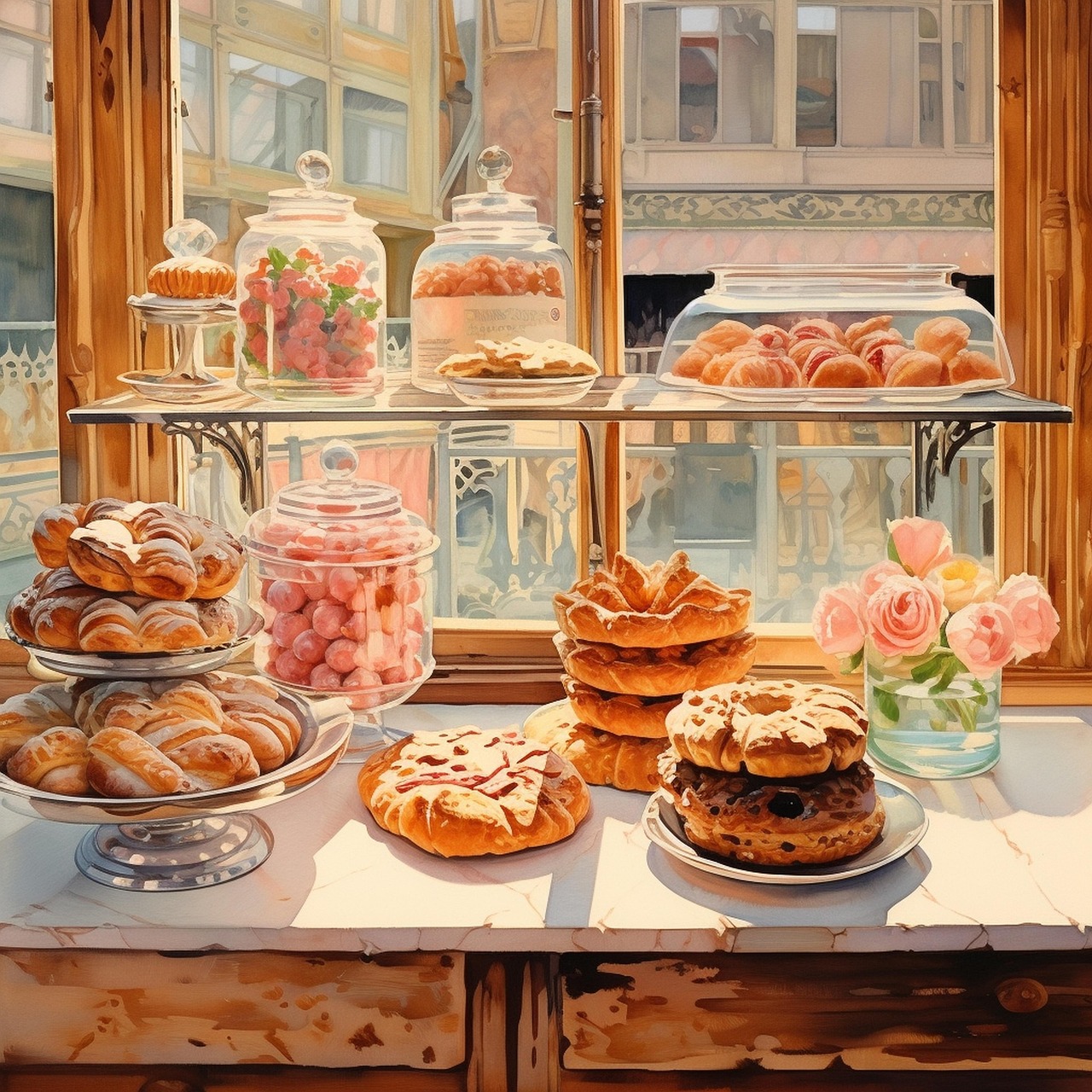 Assorted pastries, cookies, and candy jars on a sunlit bakery counter beside a window