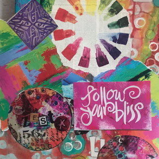 Colorful art journal collage with paint swatches, patterns, circular designs, and 'Follow Your Bliss' text