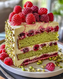 Slice of layered pistachio cake with raspberries and white frosting on a plate