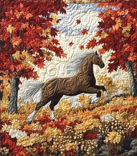 Quilted fabric art showing a brown horse running through colorful fall trees with detailed stitching and autumn leaves