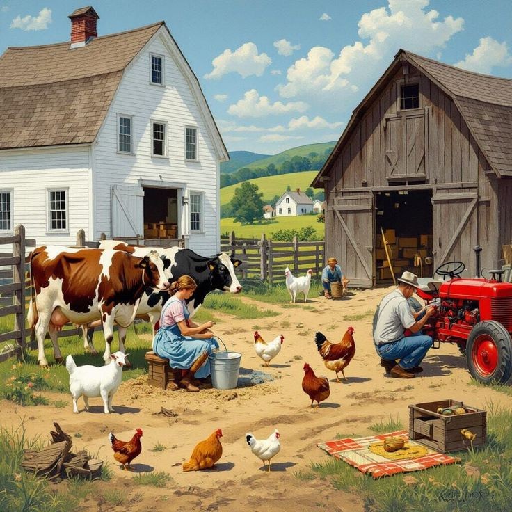 Two farmers feeding chickens and animals in a farmyard with barn, tractor, and white house