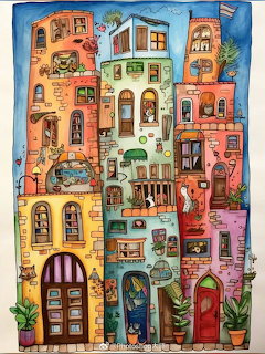 Whimsical illustration of colorful stacked buildings filled with cats in windows