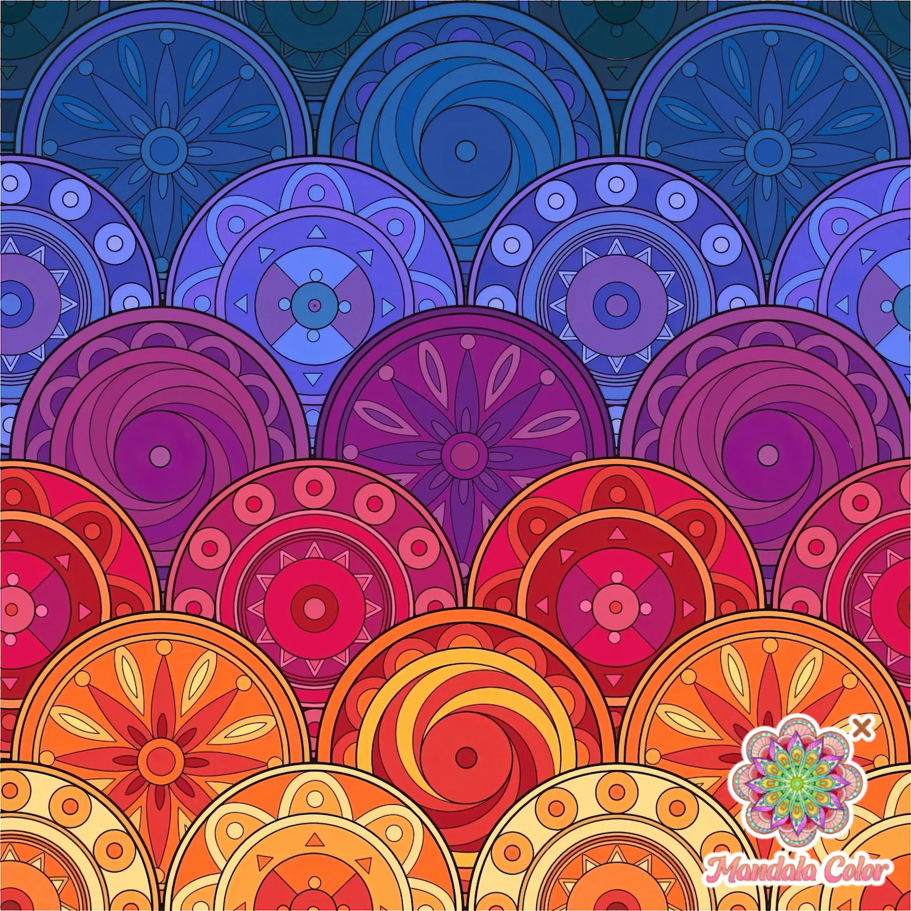 Colorful overlapping circular mandala patterns arranged in rows with gradient from blue to purple to red to orange to yellow