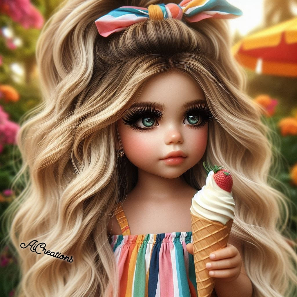 Stylized blonde girl holding a vanilla soft serve ice cream cone outdoors