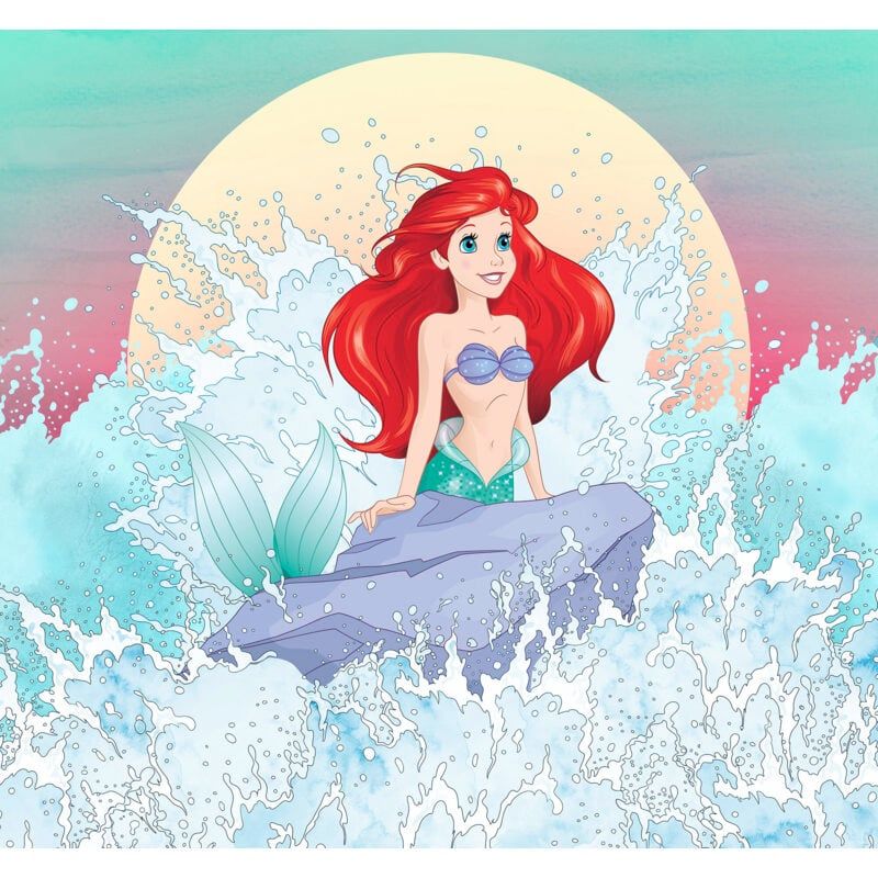 Red-haired mermaid sitting on rock with ocean waves splashing around her