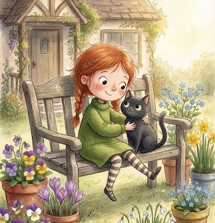 Illustrated girl with braids in green dress holding black cat on wooden bench surrounded by spring flowers