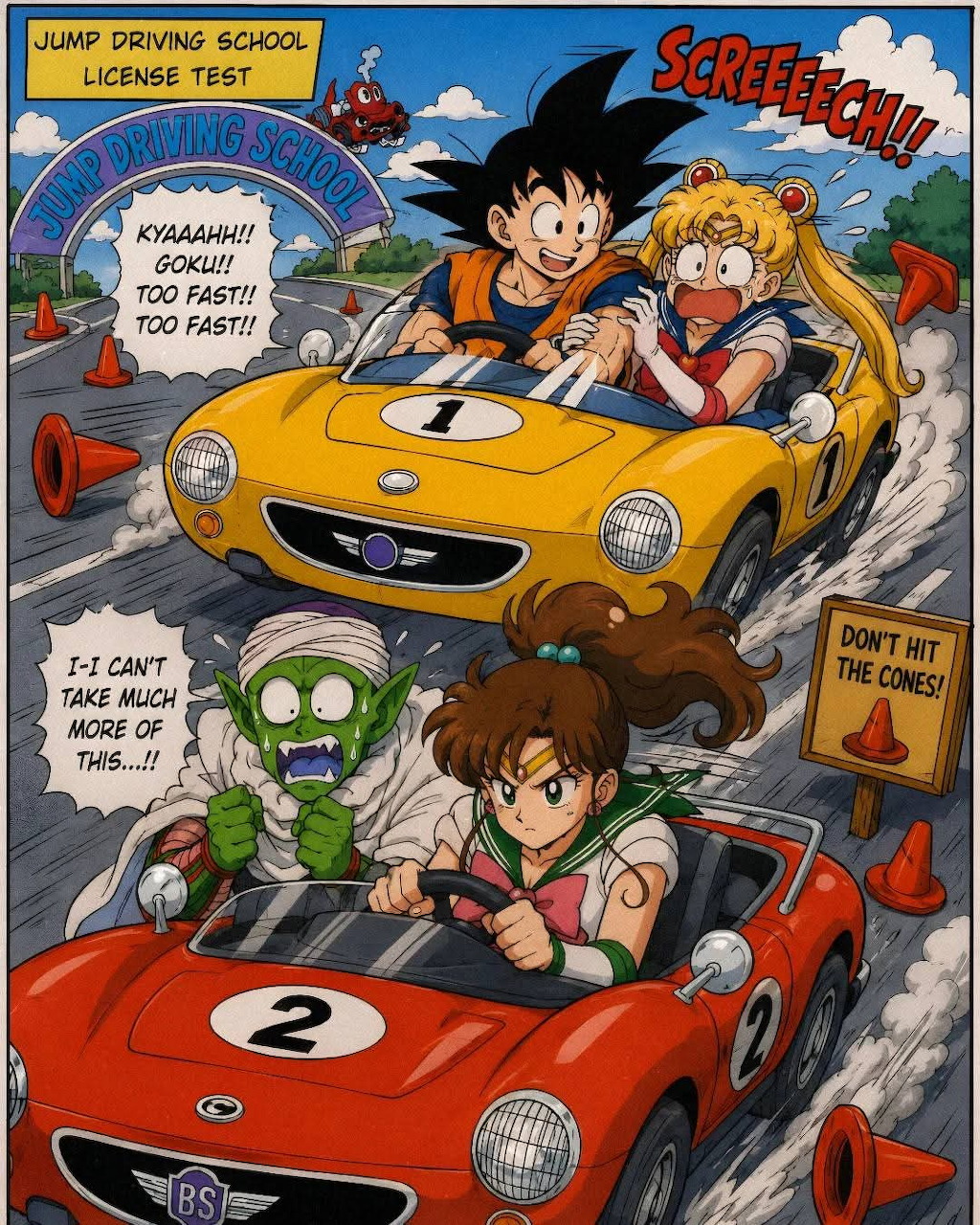 Anime characters racing in yellow and red vintage sports cars with speech bubbles