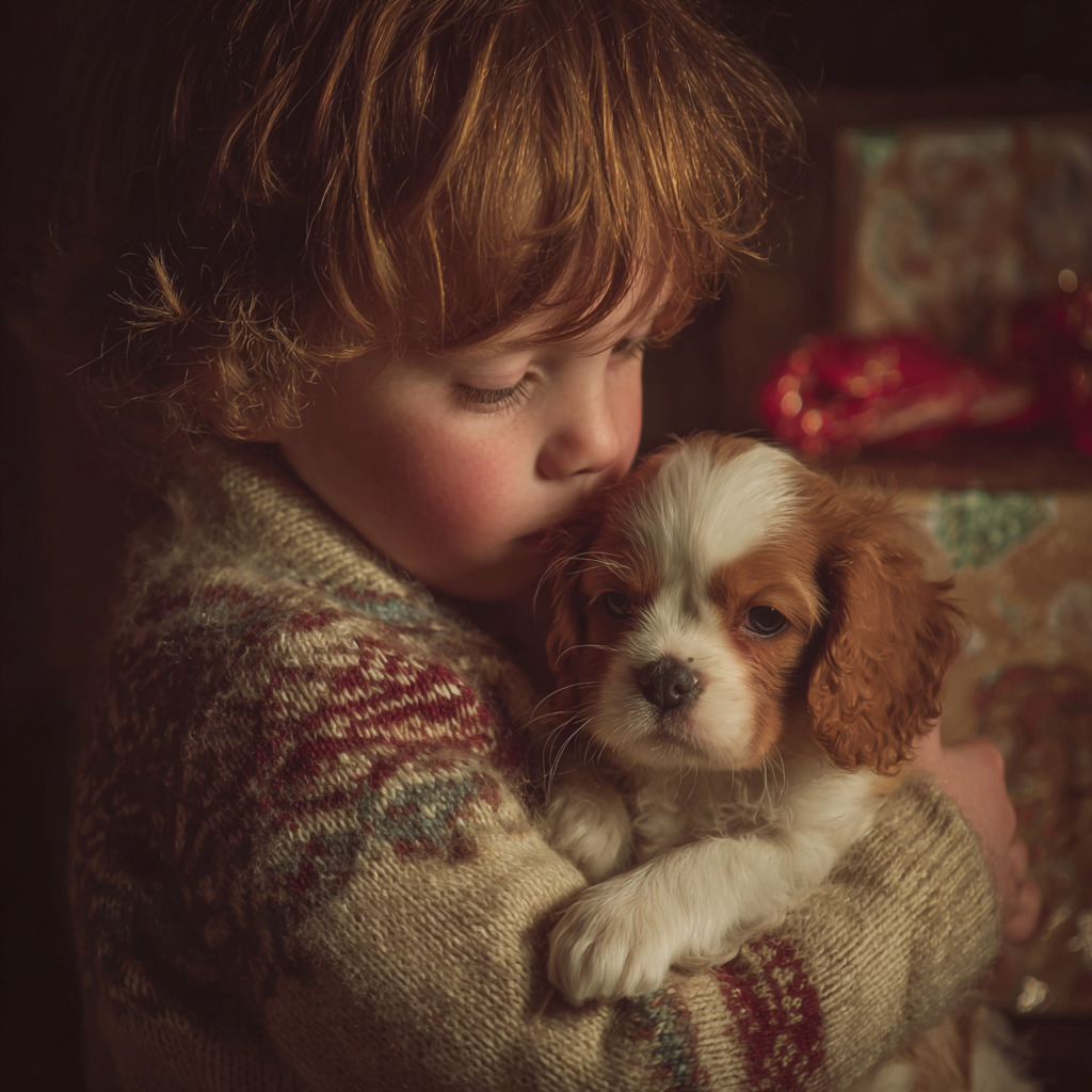 Young child in a knit sweater cuddling a small puppy with Christmas presents in the background