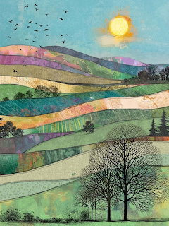 Layered patchwork landscape with colorful hills, bare trees, flying birds, and sun in textured collage style