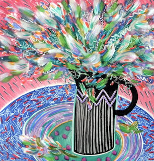 Colorful still-life painting of flowers in a black striped pitcher on a patterned table