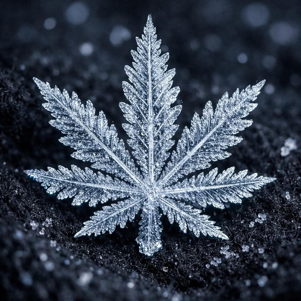 Frost-covered cannabis leaf on dark soil