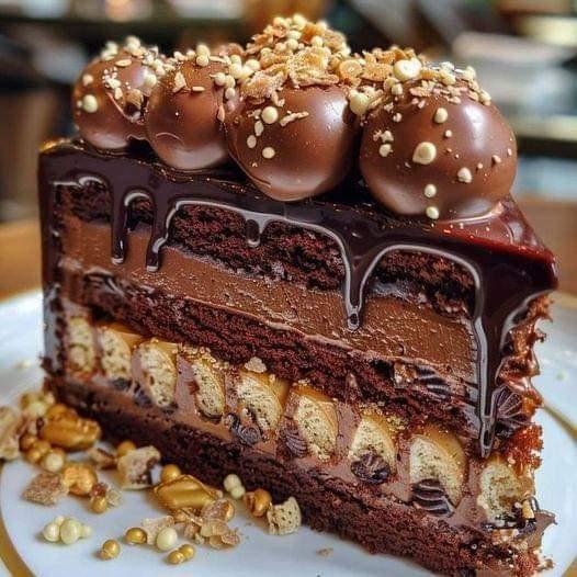 Slice of layered chocolate cake with hazelnut filling, ganache drip, and chocolate truffles on top