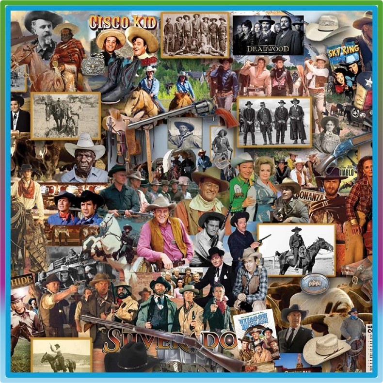 Collage of vintage black and white and color movie stills, posters, and film scenes densely arranged together