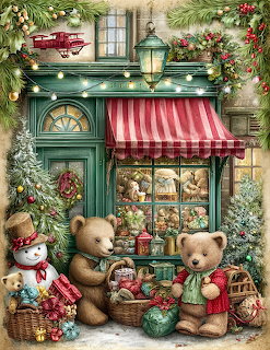 Vintage Christmas toy store illustration with teddy bears, a snowman, garlands, gifts, and a striped awning