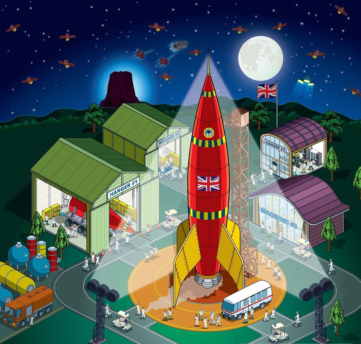 Red rocket on launch pad at night with buildings, moon, and stars in illustrated style