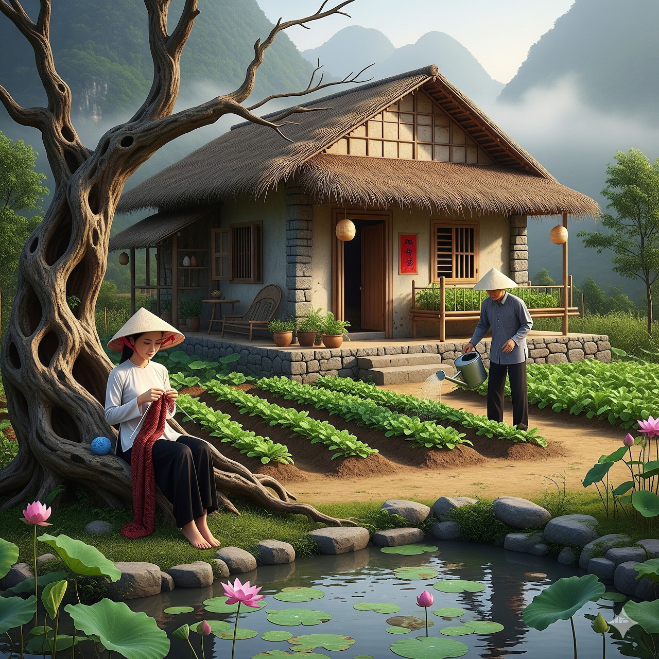 Thatched cottage by a garden and pond with two people wearing conical hats in a misty mountain landscape
