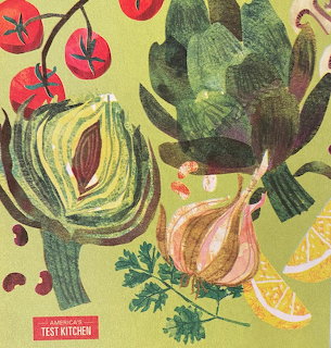 Illustration of assorted vegetables and herbs on a light green background
