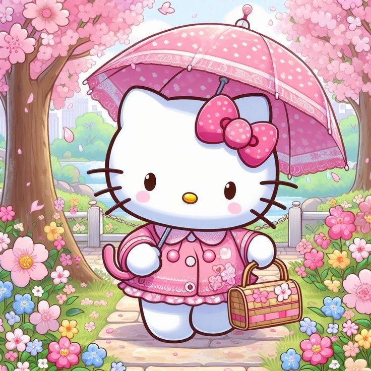 Hello Kitty in a pink raincoat holding an umbrella and basket in a flower garden
