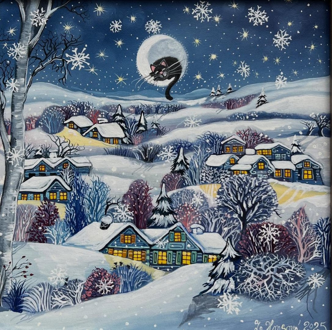 Winter village with snow-covered houses, bare trees, full moon and snowflakes in night sky