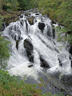 Swallow Falls waterfall rushing over rocky ledges surrounded by green trees in Wales