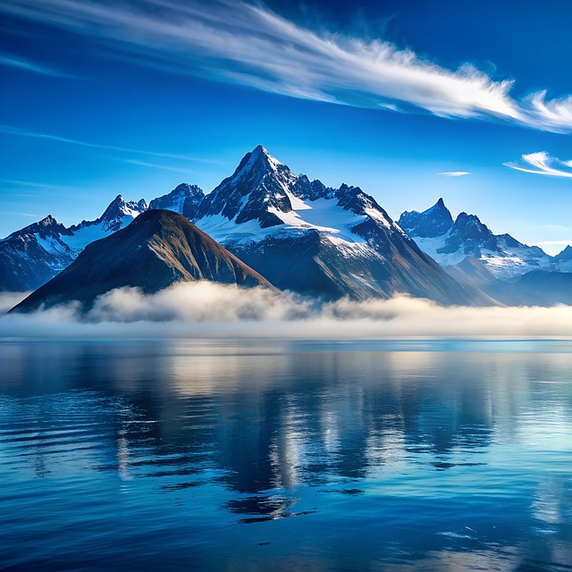 Snowy mountain range reflected in a calm blue lake beneath a clear sky