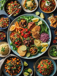 Overhead view of a large platter of Mexican food with grilled meats, vegetables, and surrounding side dishes