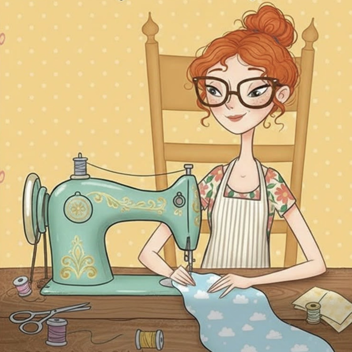 Illustrated red-haired woman sewing fabric with a vintage sewing machine at a table