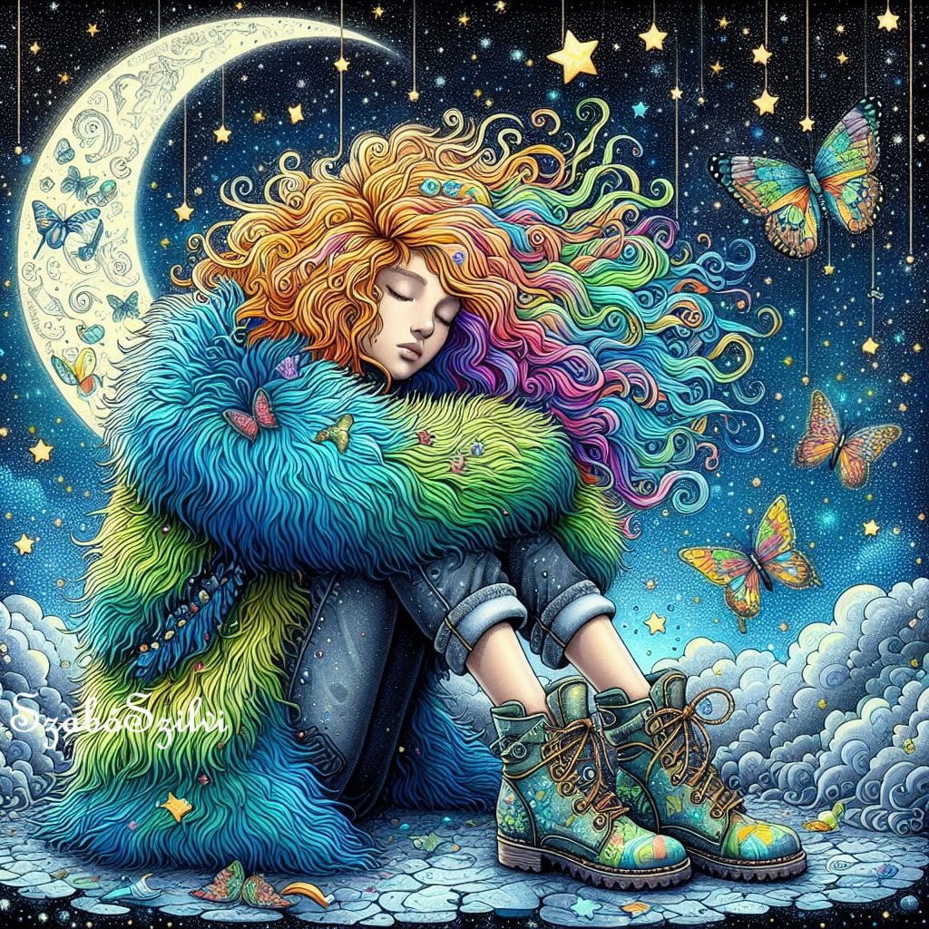 Girl with rainbow hair resting under crescent moon in starry night with butterflies