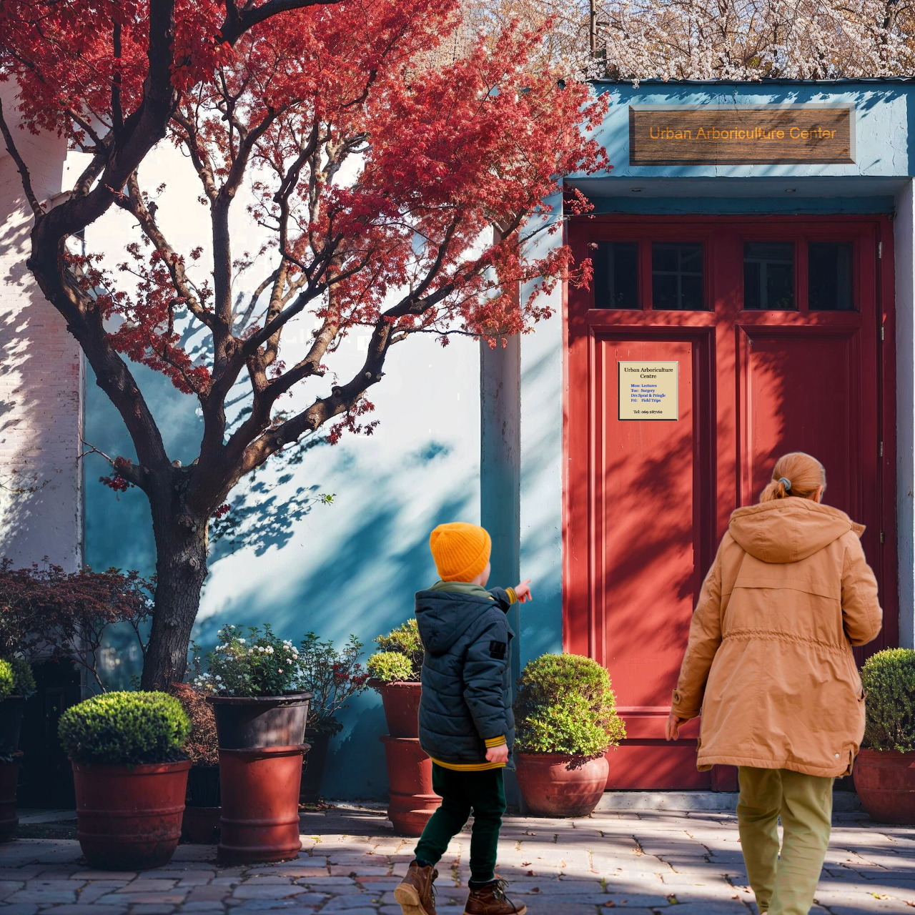 Woman and child approaching a red door beside a flowering tree and potted plants
