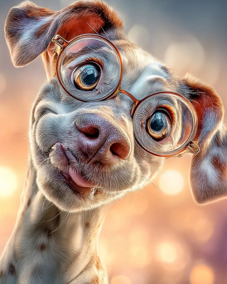 Close-up of a cartoonish dog with big eyes wearing round glasses against a bokeh background