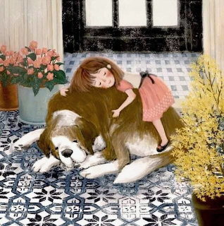 Illustration of a girl in green sweater lying with her dog on patterned floor surrounded by flowers