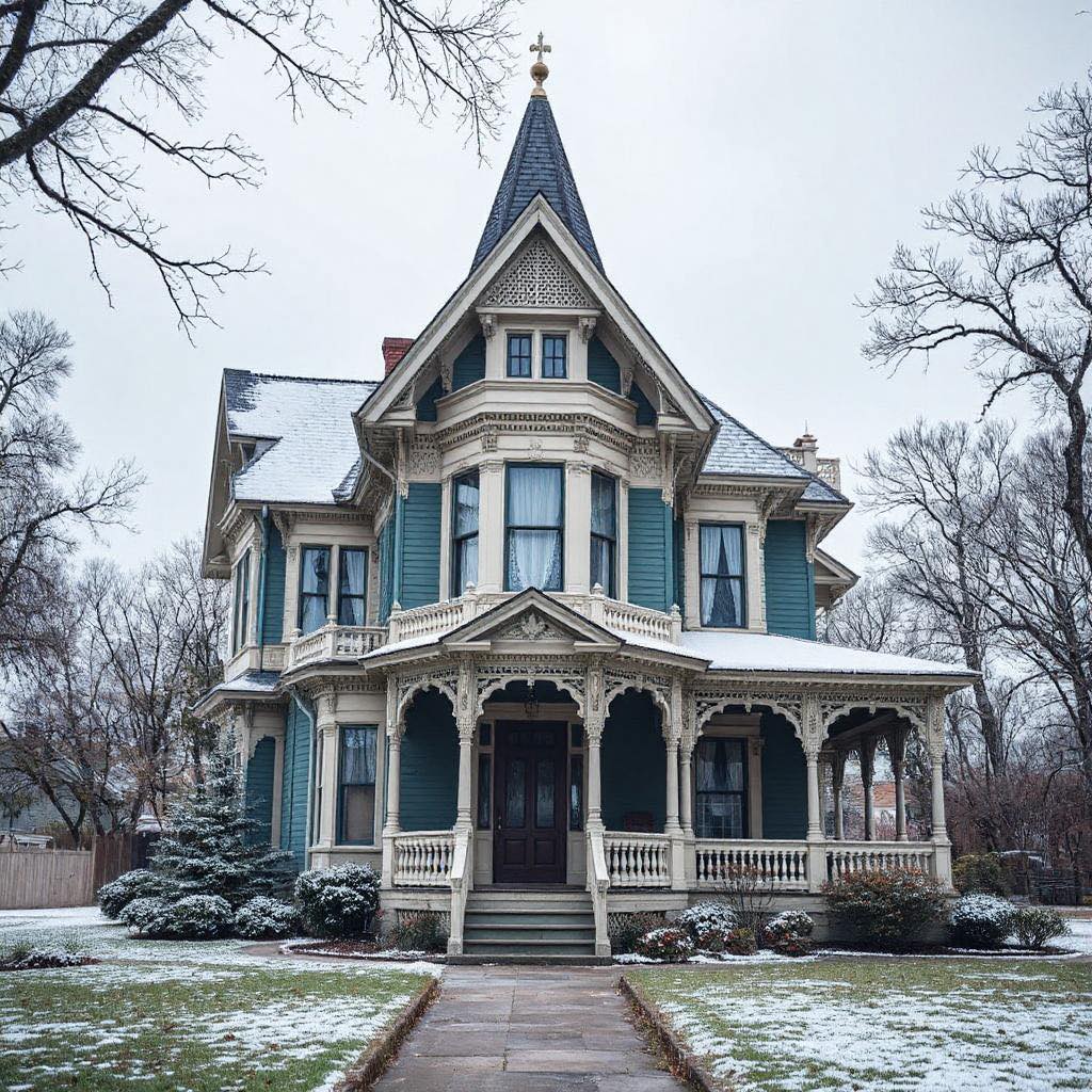 Teal Victorian house with turret and ornate porch in snowy winter setting