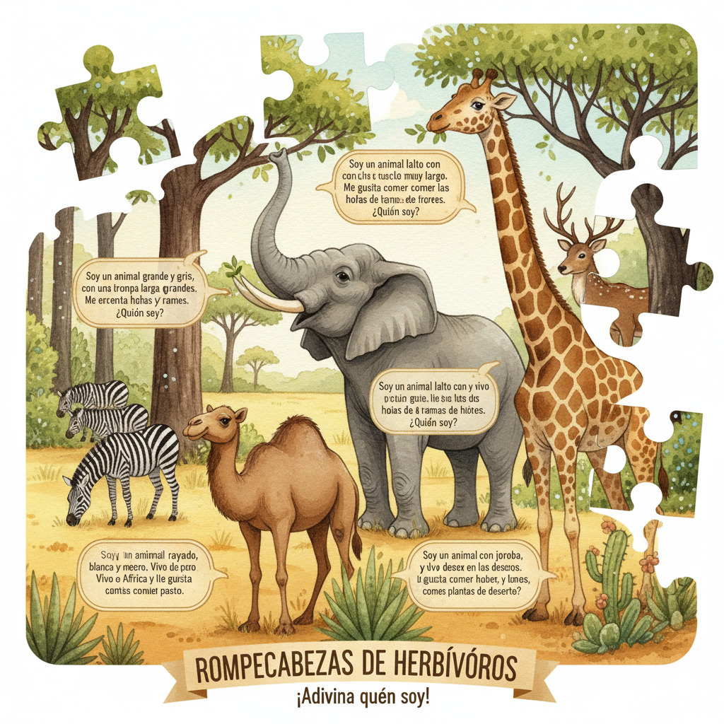 Illustration of herbivore animals in a savanna with giraffe, elephant, zebra, camel, deer, and rabbit