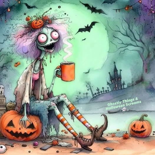Gothic Halloween scene with wild-haired character, jack-o'-lanterns, flying bats, and haunted castle in moonlight