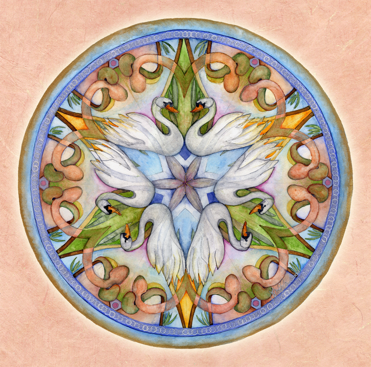 Circular mandala with mirrored white swans, green foliage, and ornamental swirls on peach background