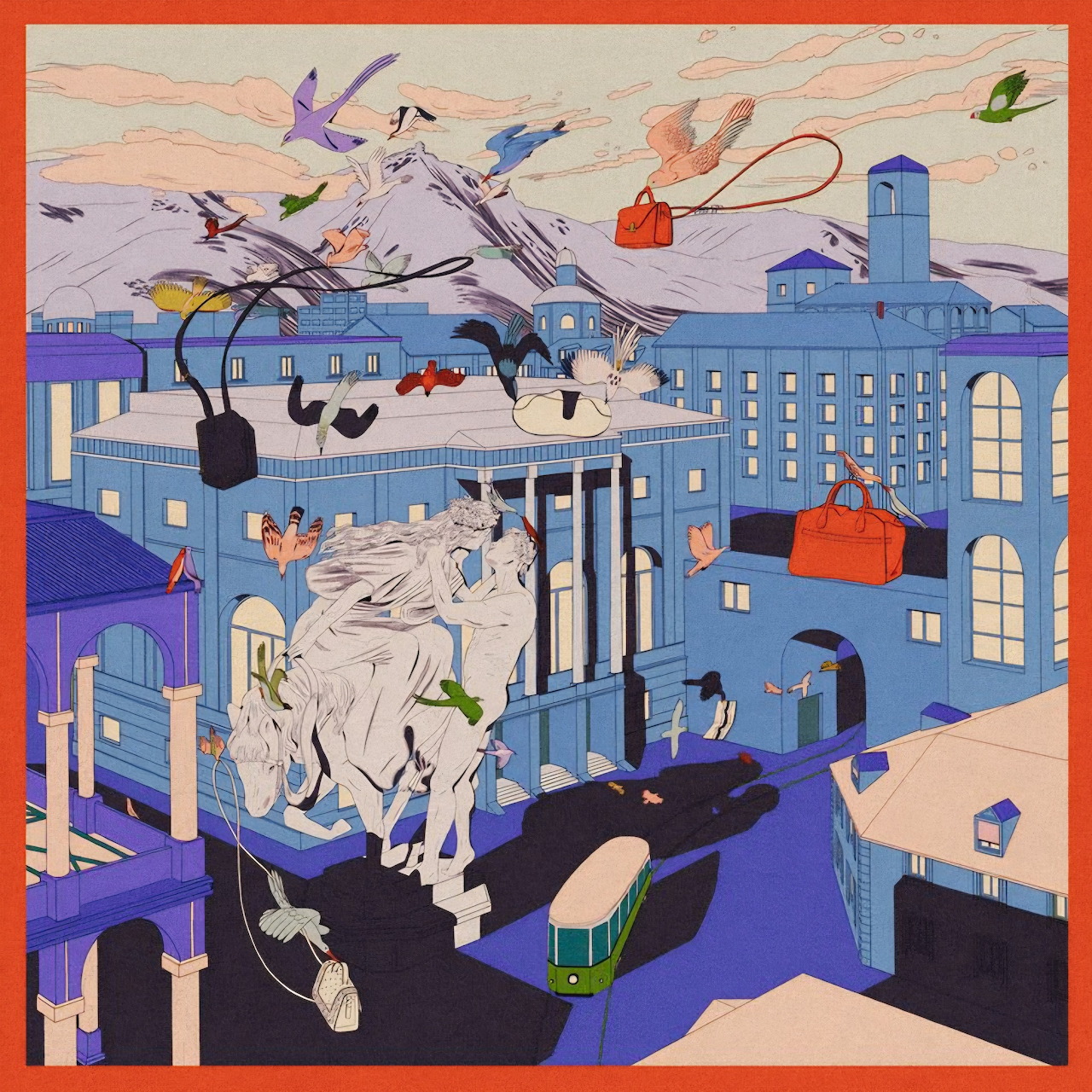 Surreal blue city illustration with birds, floating bags, a white horse statue, and a tram