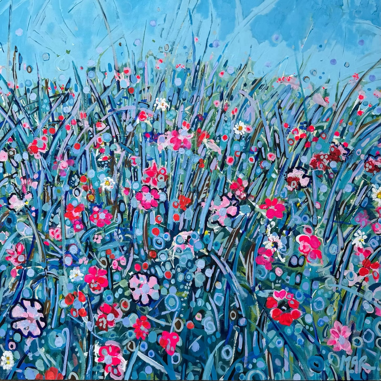 Abstract painting of colorful wildflowers in a blue meadow with turquoise sky