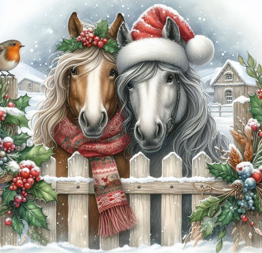 Two horses in Santa hats and scarves behind a decorated winter fence with a robin