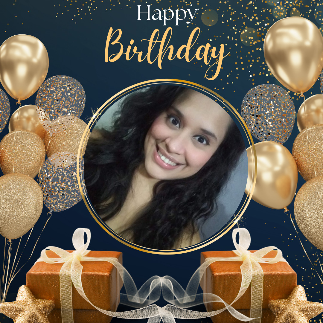 Smiling young woman in a circular birthday frame with gold balloons and gift boxes